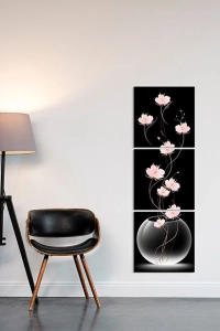 Uzun Saplı Pembe Lotus Çiçekleri 3 Parça Mdf Tablo